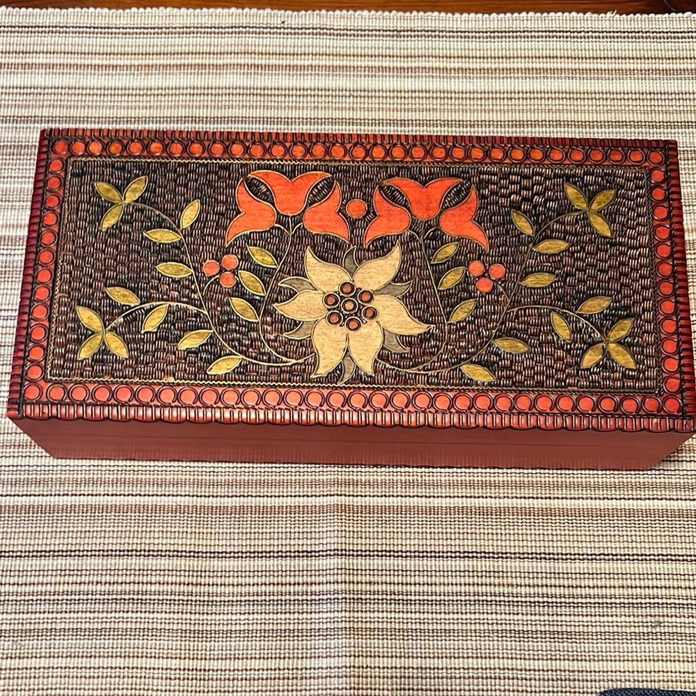 Handcrafted Floral Wooden Box - Red and Gold Polish Jewelry Box